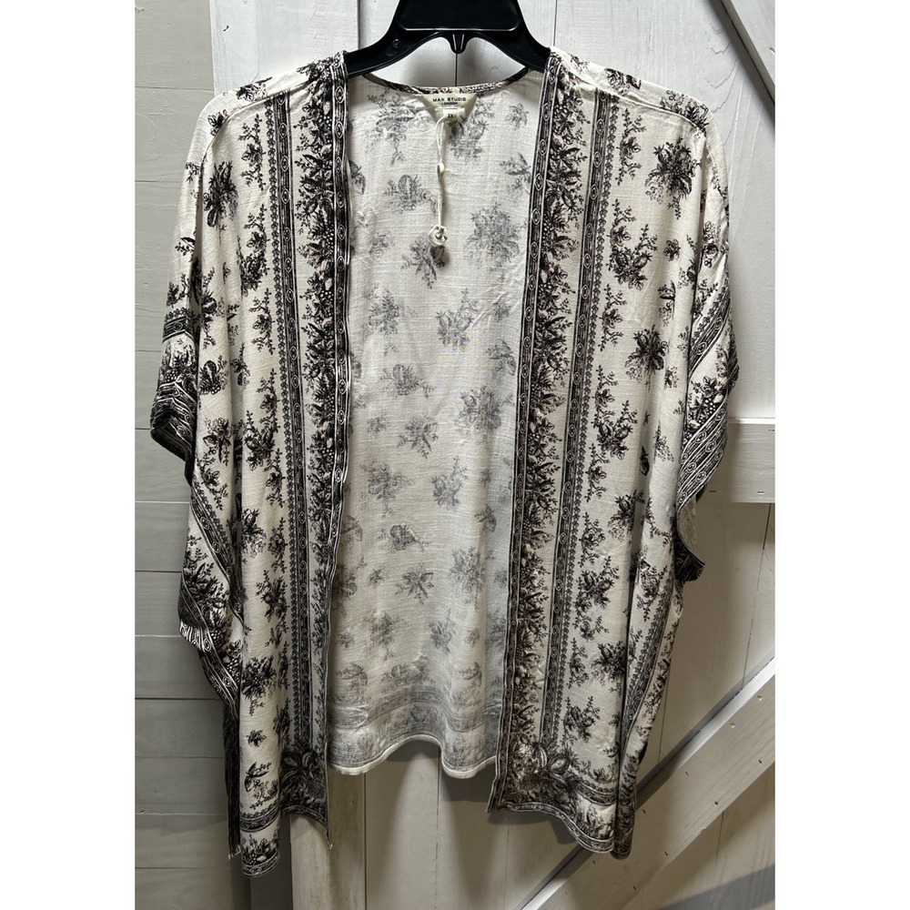 Max Studio London Women's Size 3X Open Front Cover Up Kimono Beige/Black Floral